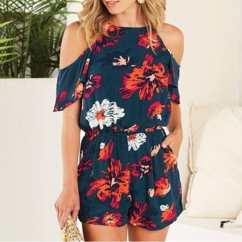 Mud Pie Teal Floral Cold-Shoulder Romper with Orange, Pink & White Accents